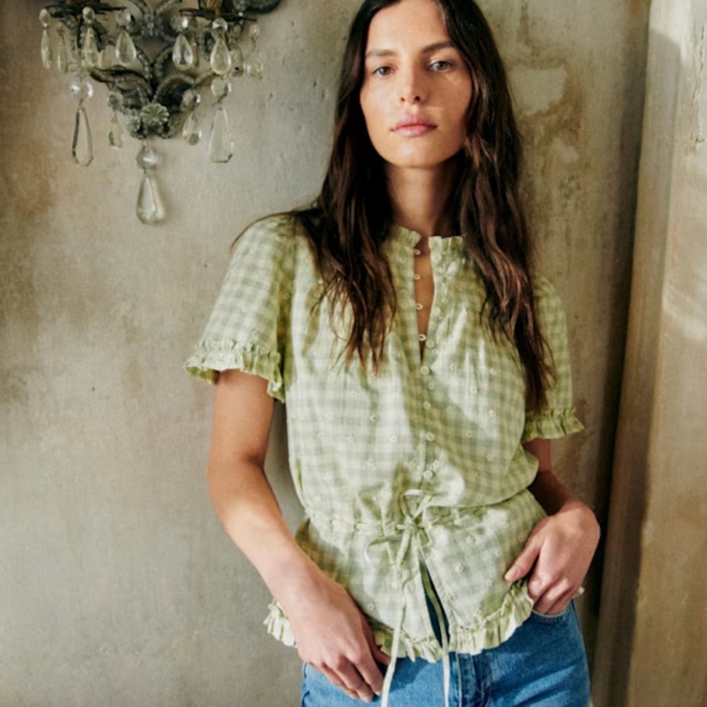 🌼🍃Sezane Shenali SUN-EMBROIDERED Gingham Checkered Green/cream Shirt blouse